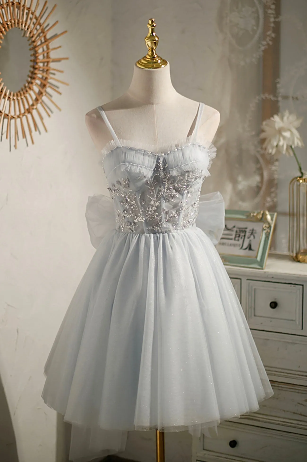 Gray Tulle Short A-Line Prom Dress Cute Evening Party Dress