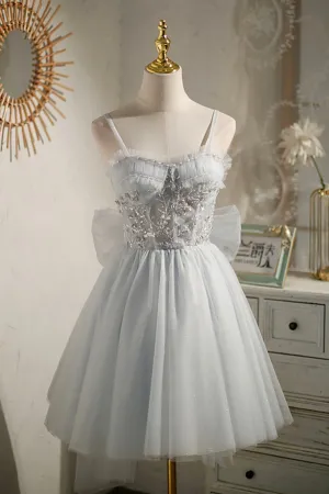 Gray Tulle Short A-Line Prom Dress Cute Evening Party Dress