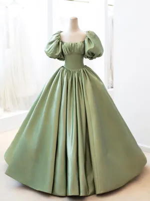 Green Satin Formal Evening Gown with Puff Sleeve A-Line Long Prom Dress