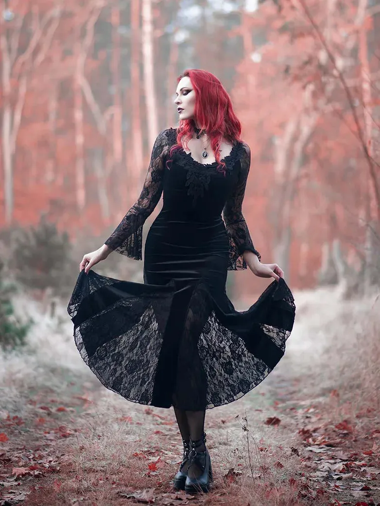 Halloween Gothic Black Lace Slit Fishtail Dresses