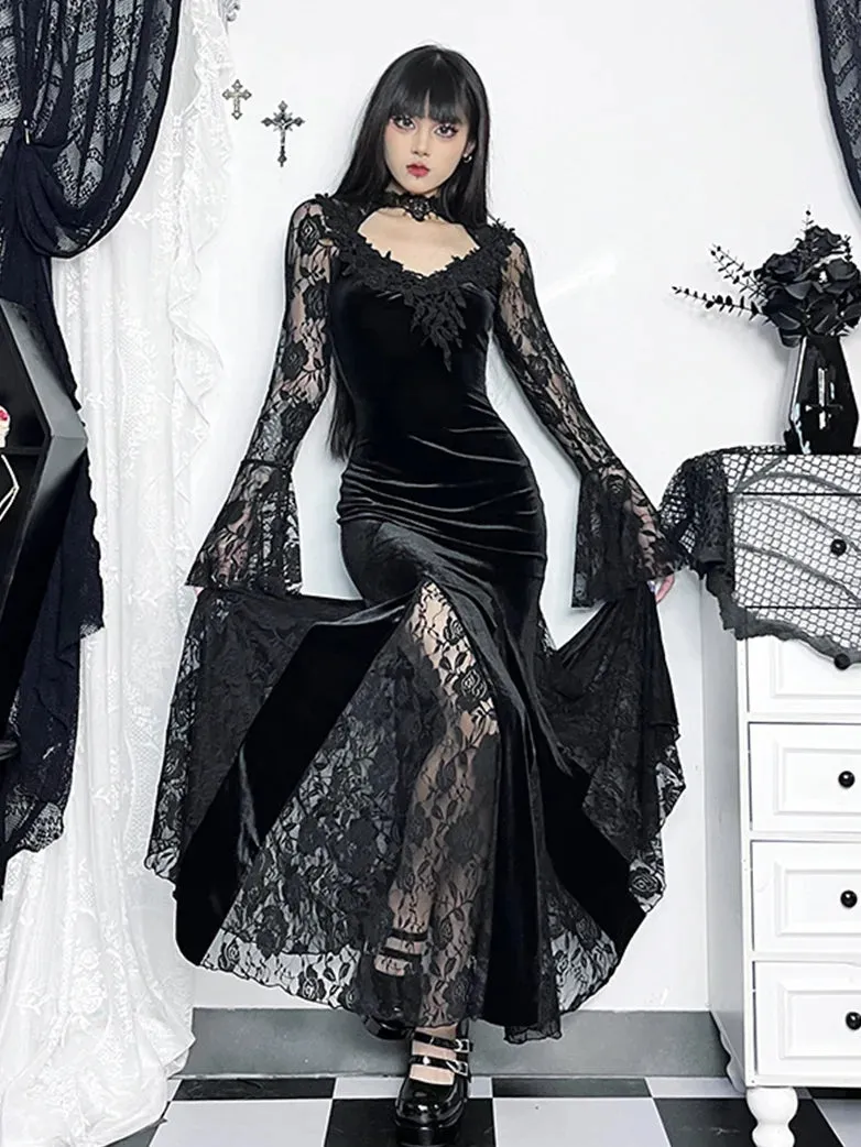 Halloween Gothic Black Lace Slit Fishtail Dresses