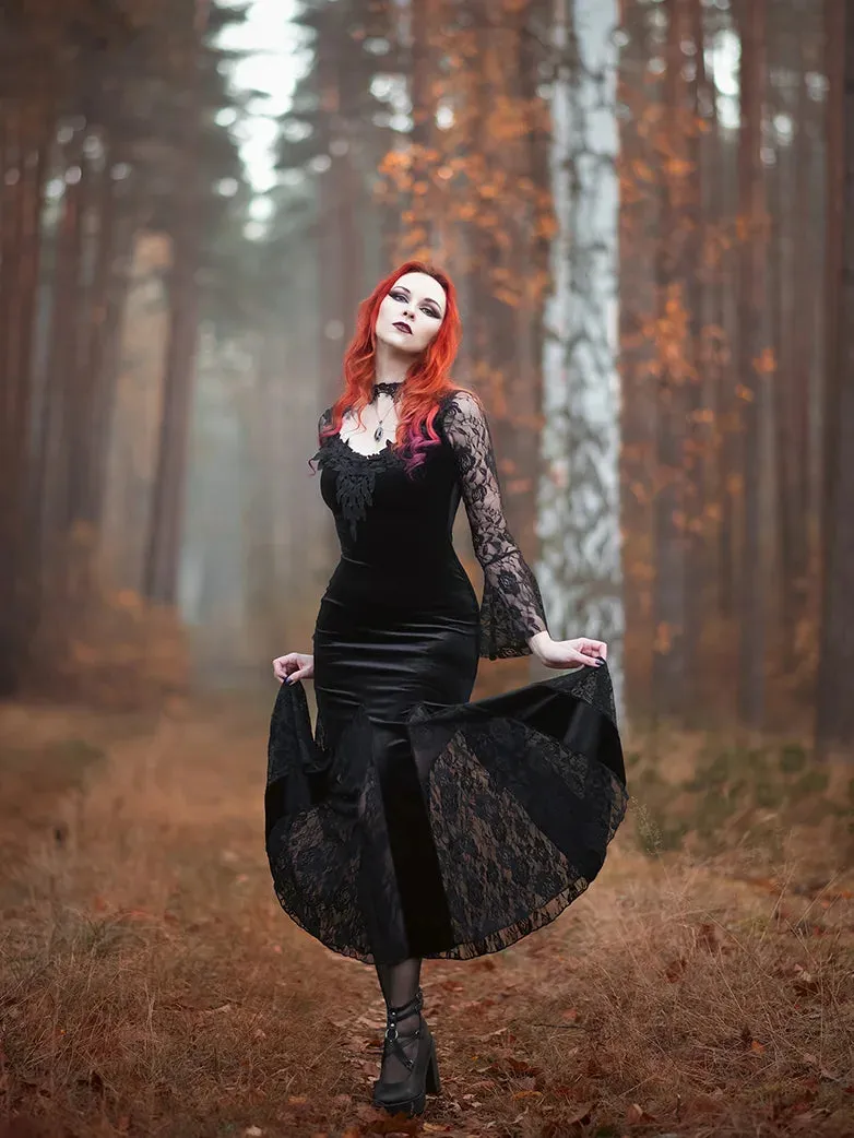 Halloween Gothic Black Lace Slit Fishtail Dresses