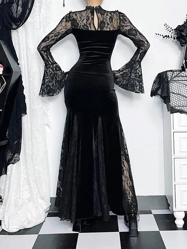 Halloween Gothic Black Lace Slit Fishtail Dresses