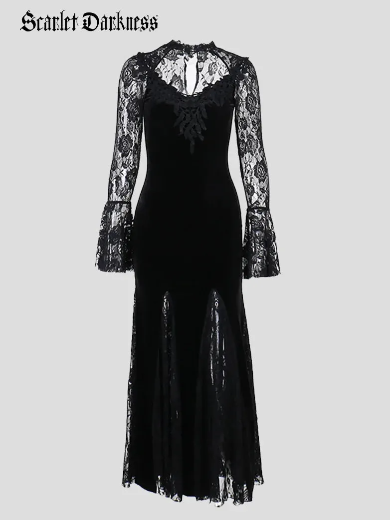 Halloween Gothic Black Lace Slit Fishtail Dresses