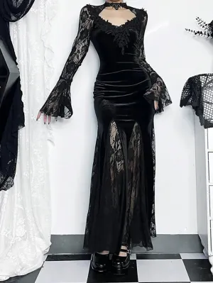 Halloween Gothic Black Lace Slit Fishtail Dresses
