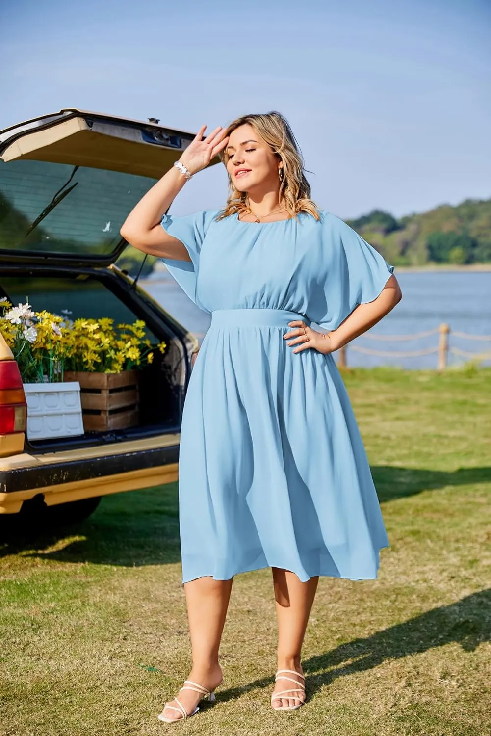 Hanna Nikole Plus Size Chiffon Dresses for Women Flounce Sleeves Empire Waist A Line Summer Beach Dress