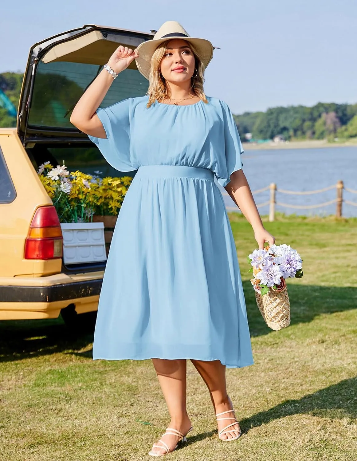 Hanna Nikole Plus Size Chiffon Dresses for Women Flounce Sleeves Empire Waist A Line Summer Beach Dress