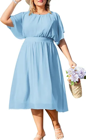 Hanna Nikole Plus Size Chiffon Dresses for Women Flounce Sleeves Empire Waist A Line Summer Beach Dress