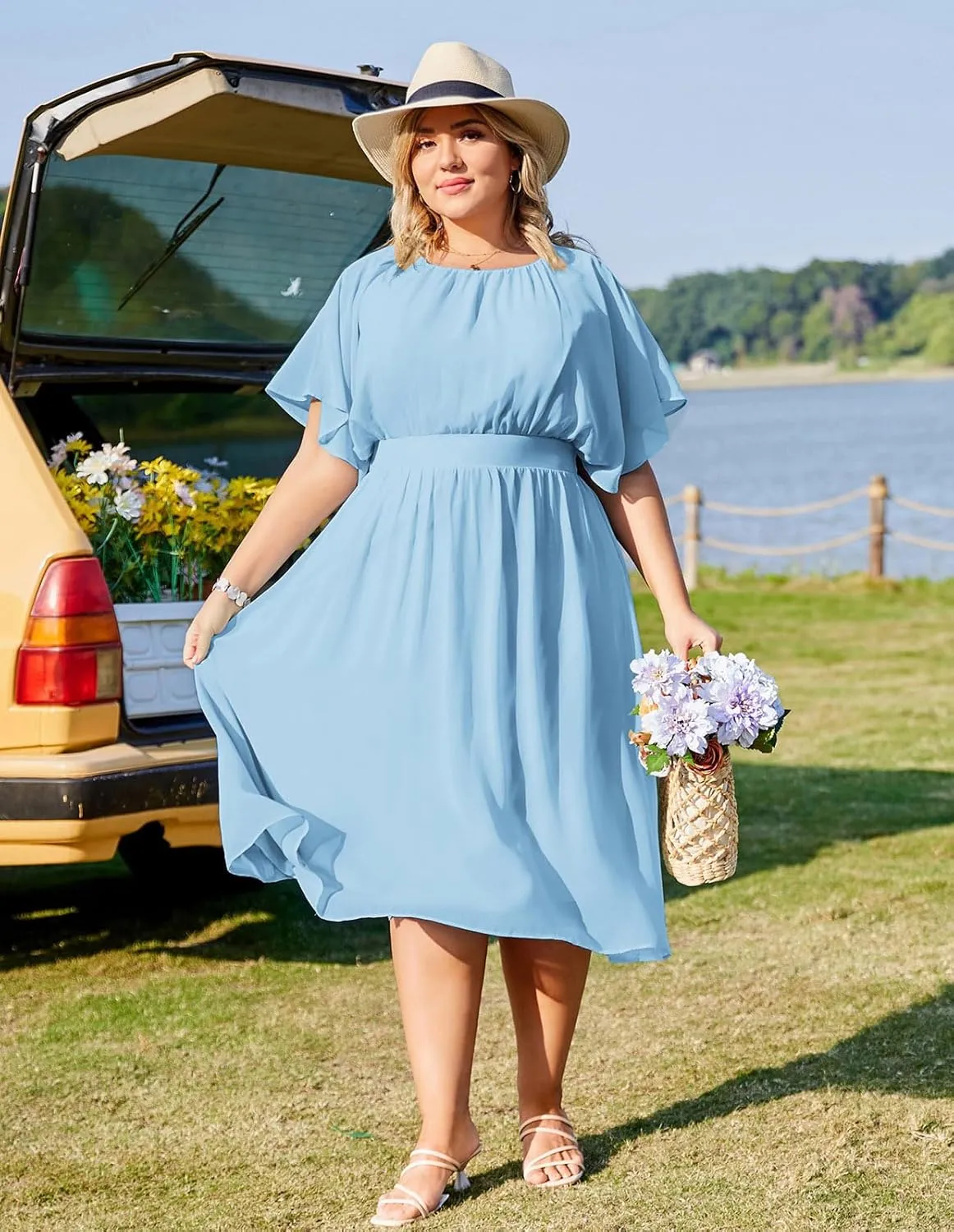 Hanna Nikole Plus Size Chiffon Dresses for Women Flounce Sleeves Empire Waist A Line Summer Beach Dress