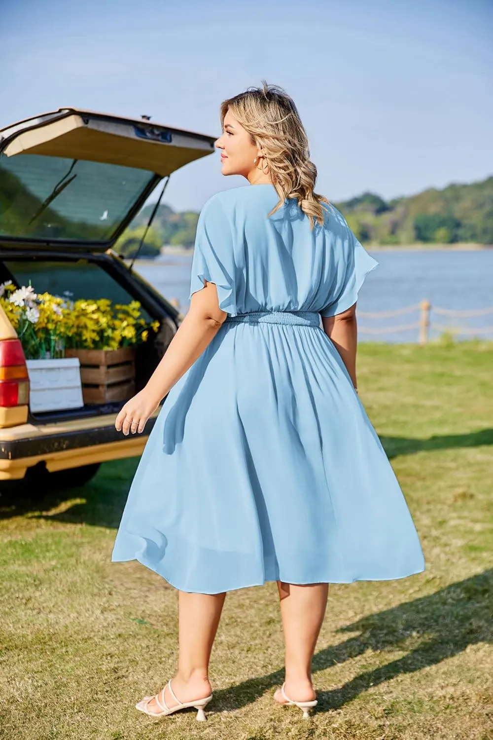 Hanna Nikole Plus Size Chiffon Dresses for Women Flounce Sleeves Empire Waist A Line Summer Beach Dress