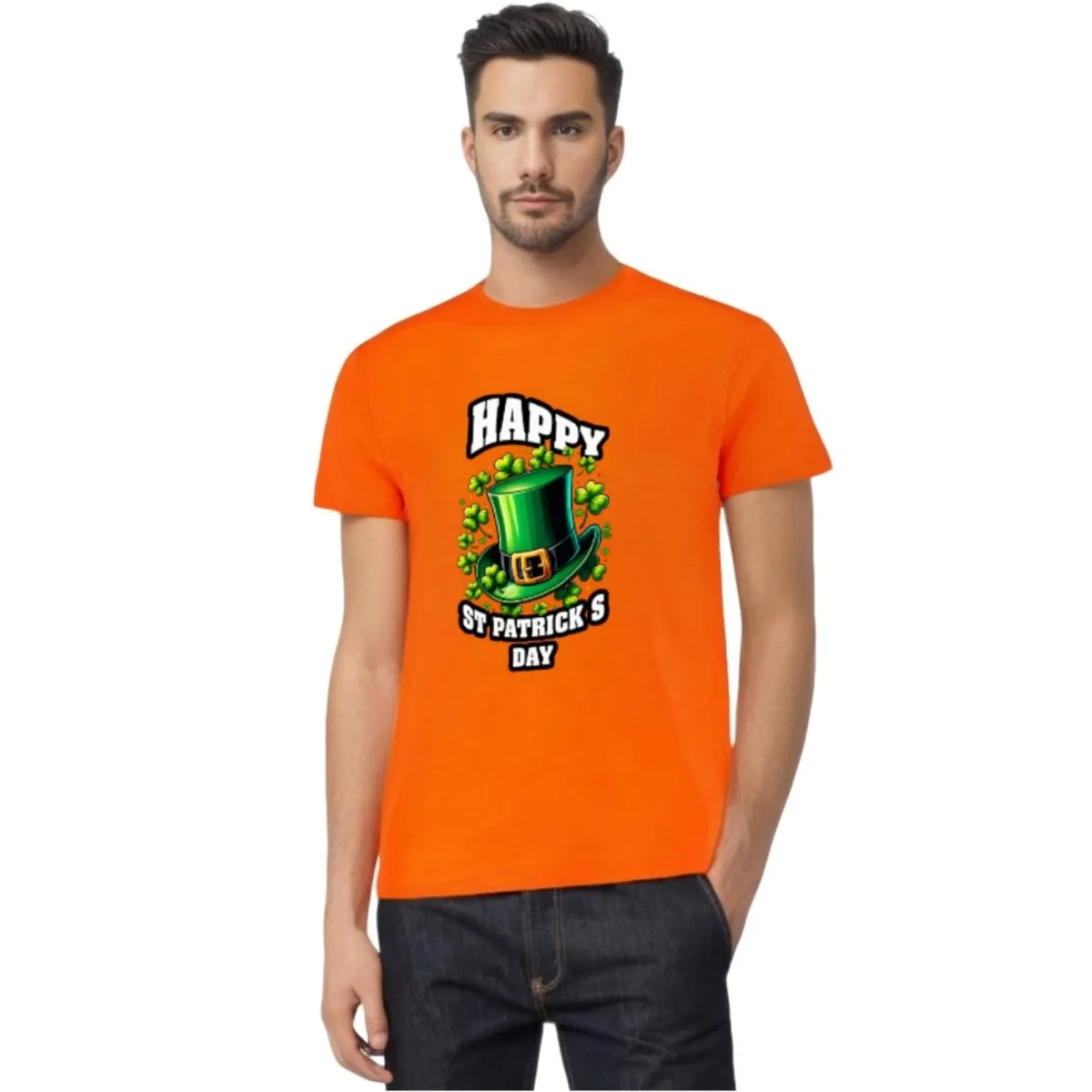 Happy St. Patrick's Day" Orange T-Shirt with Top Hat Design