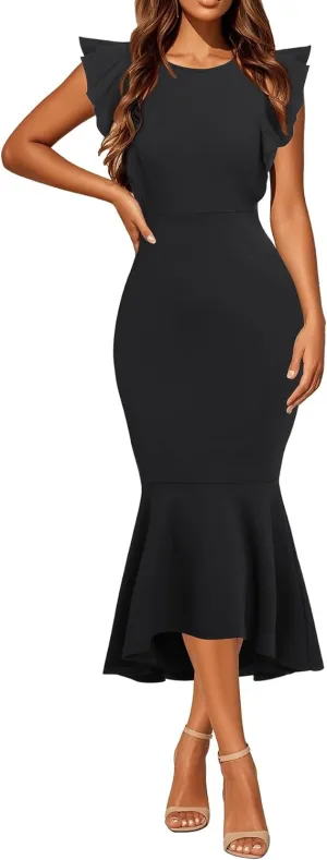 Holipick Women's Ruffle Sleeve Wedding Guest Dresses Cocktail Formal Bodycon Mermaid Evening Party Midi Dresses