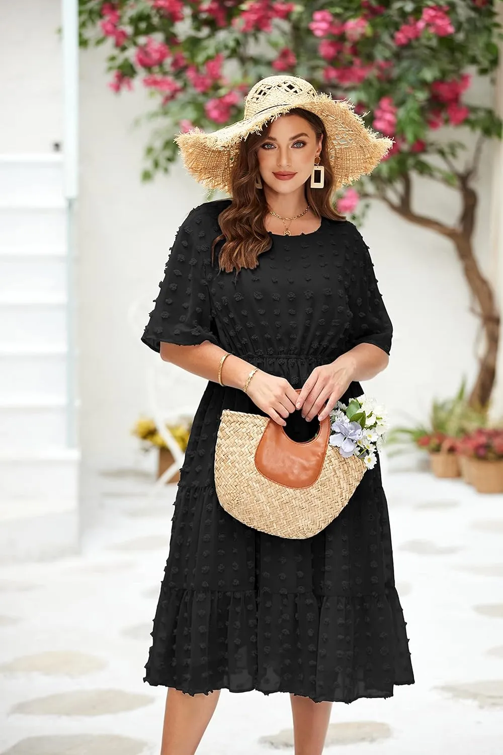 IN'VOLAND Womens Plus Size Swiss Dot Dress Chiffon Short Sleeve High Waist A Line Ruffle Tiered Babydoll Midi Dress