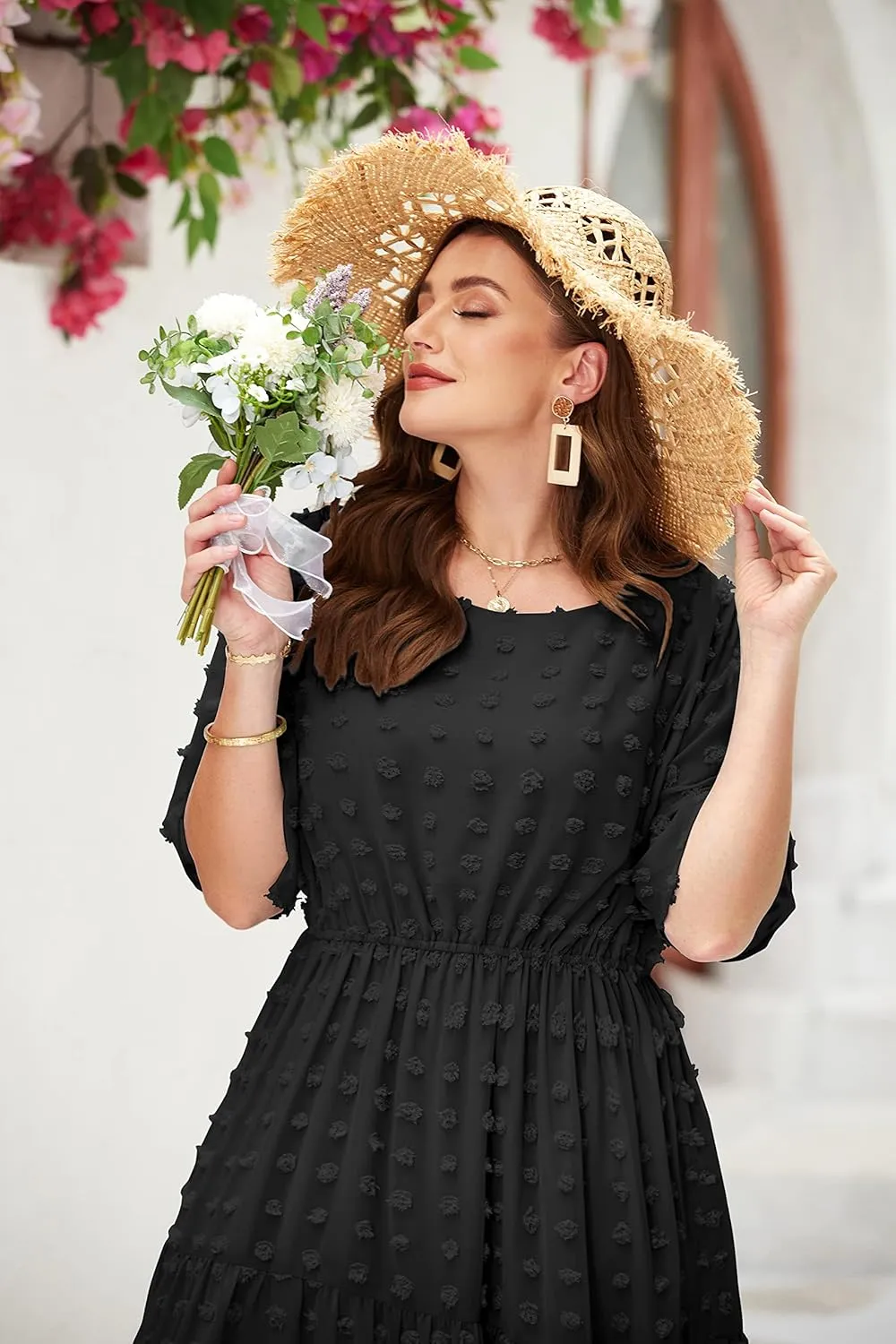 IN'VOLAND Womens Plus Size Swiss Dot Dress Chiffon Short Sleeve High Waist A Line Ruffle Tiered Babydoll Midi Dress