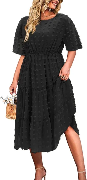 IN'VOLAND Womens Plus Size Swiss Dot Dress Chiffon Short Sleeve High Waist A Line Ruffle Tiered Babydoll Midi Dress