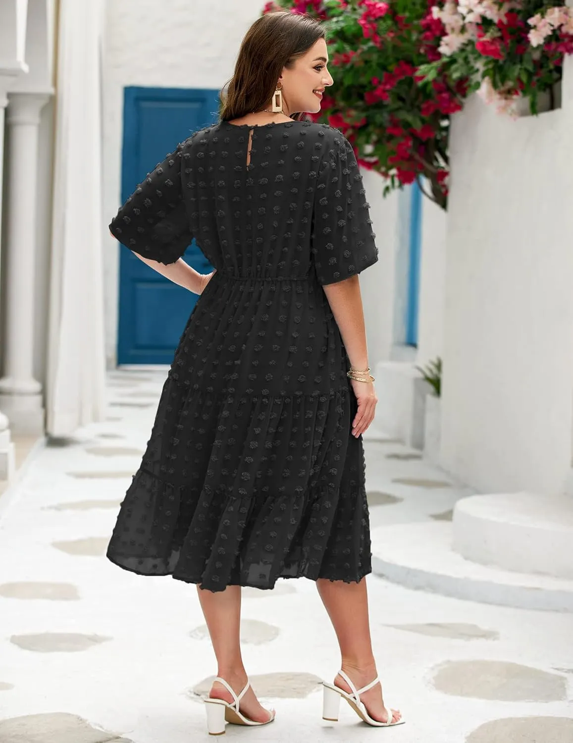 IN'VOLAND Womens Plus Size Swiss Dot Dress Chiffon Short Sleeve High Waist A Line Ruffle Tiered Babydoll Midi Dress