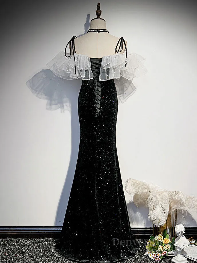 kamahe Black mermaid long prom dress, black evening dress