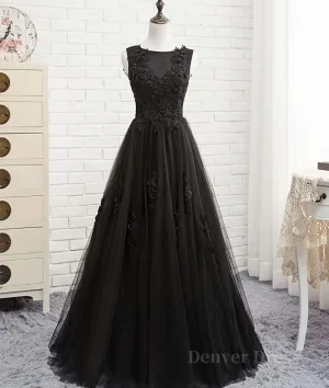 kamahe Black round neck tulle lace long prom dress, black evening dress
