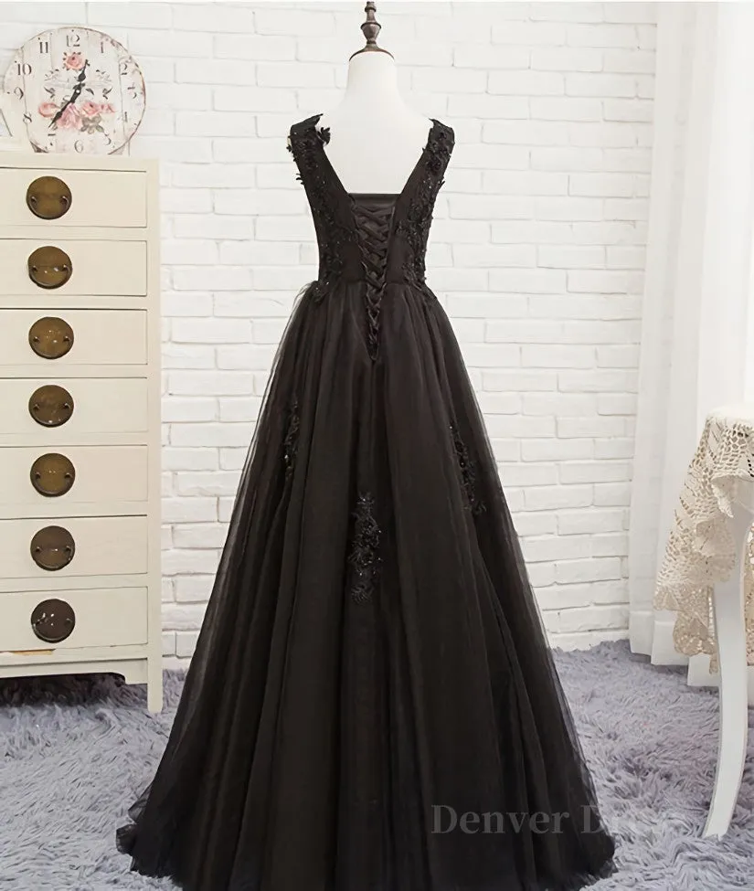 kamahe Black round neck tulle lace long prom dress, black evening dress