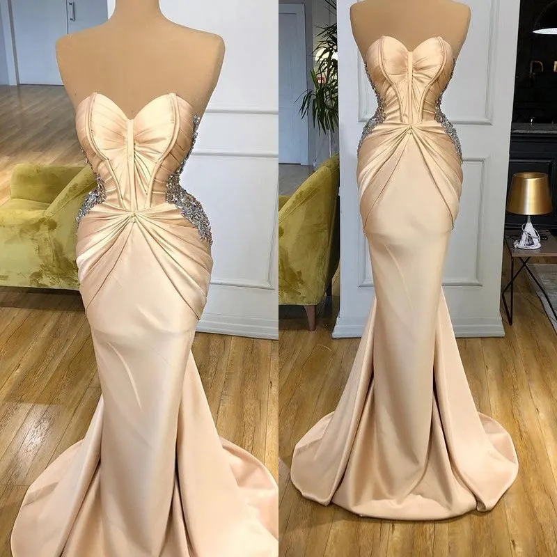 kamahe Elegant Sweetheart Champagne Prom Dress Mermaid Long With Crystals