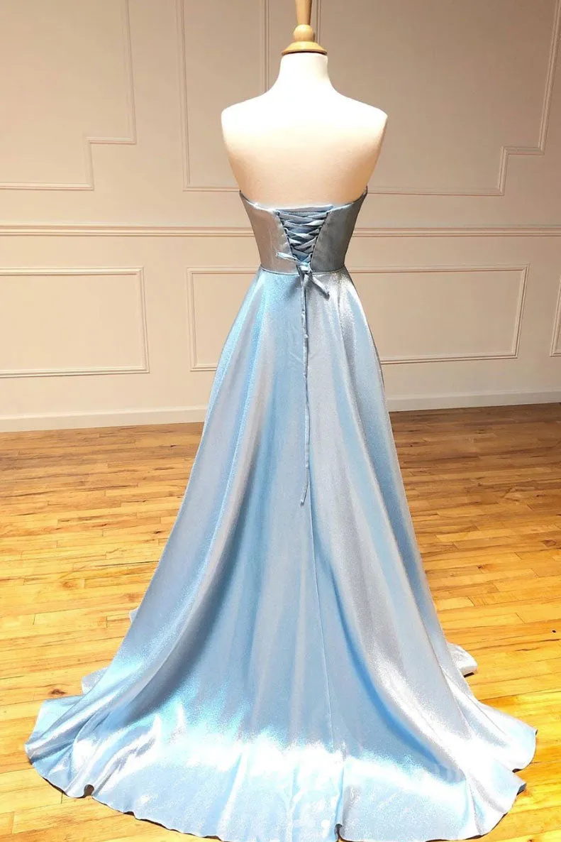 kamahe Simple sweetheart blue long prom dress blue long evening dress
