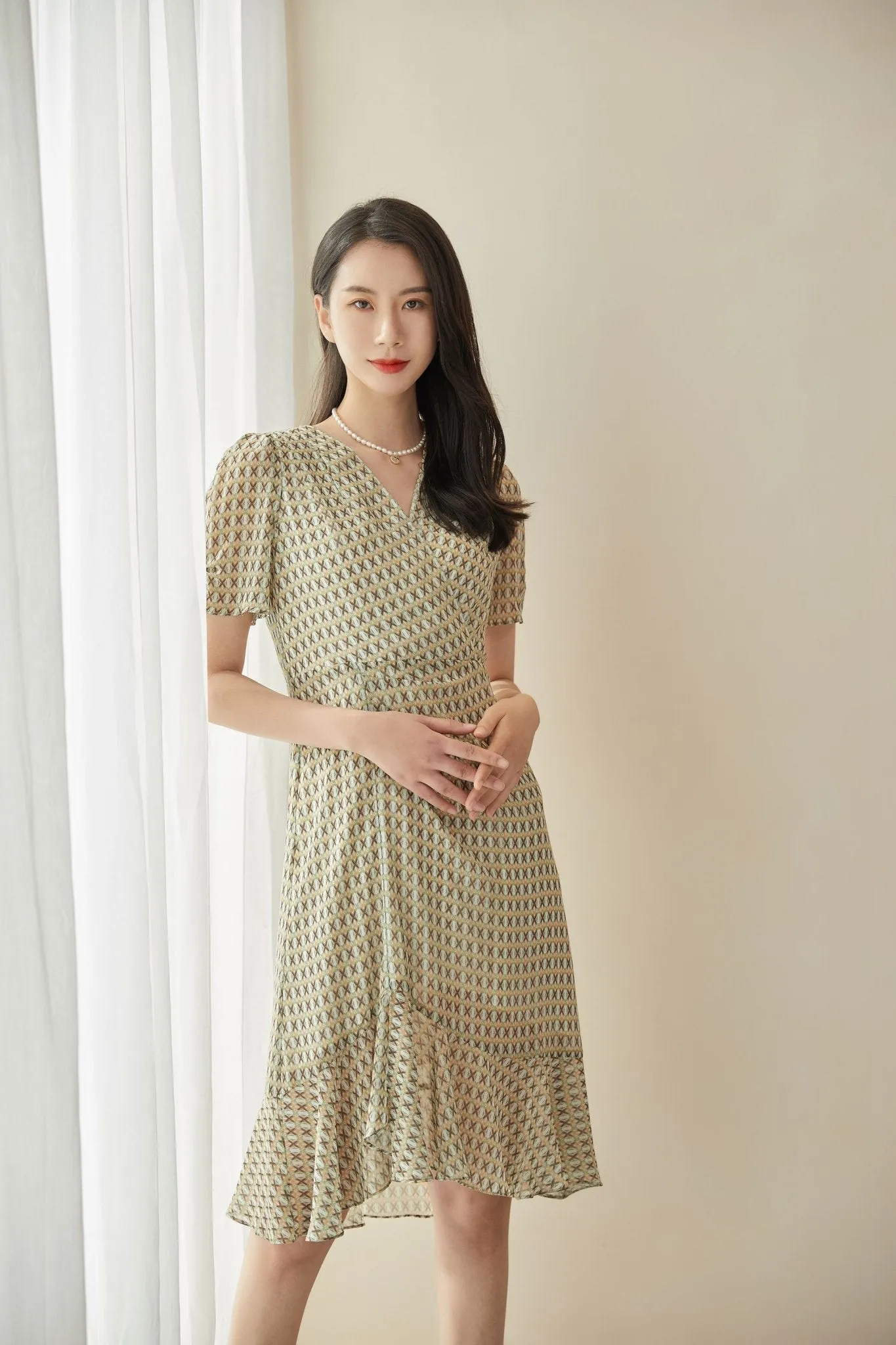 Khaki Grey V-Neck Waist Mermaid Dress