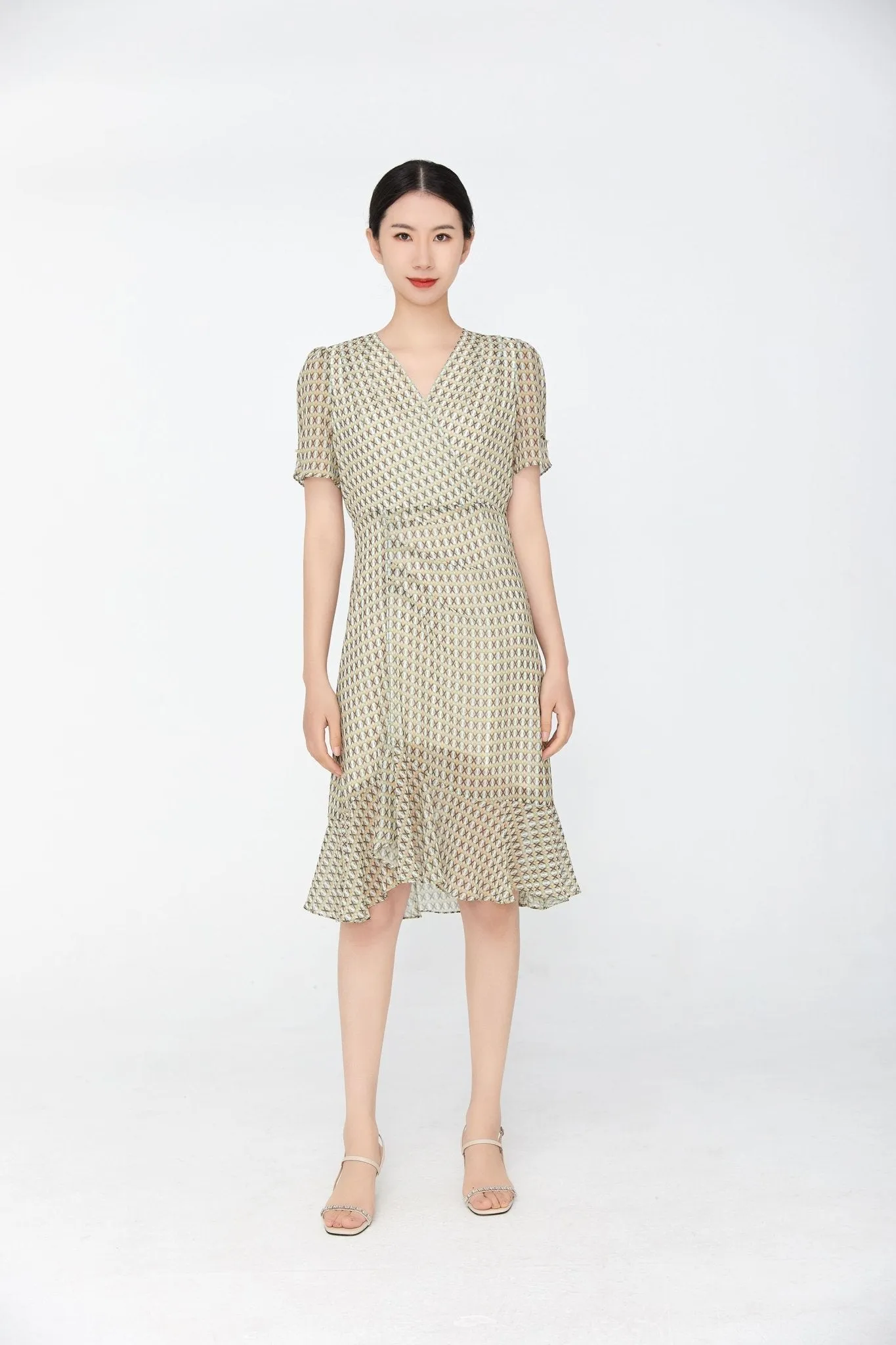 Khaki Grey V-Neck Waist Mermaid Dress