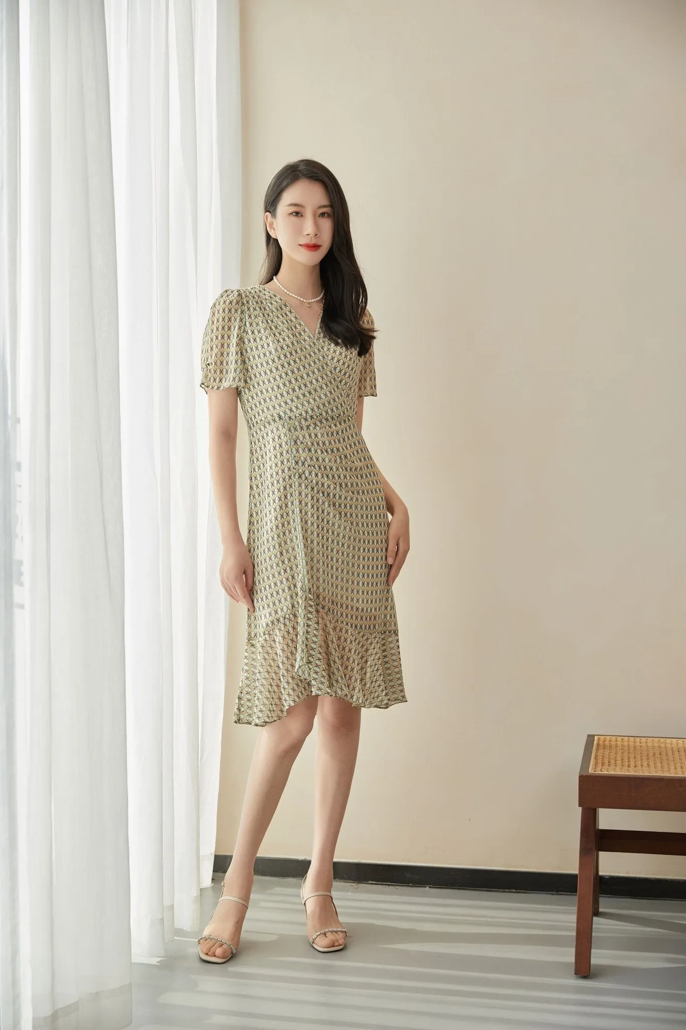 Khaki Grey V-Neck Waist Mermaid Dress