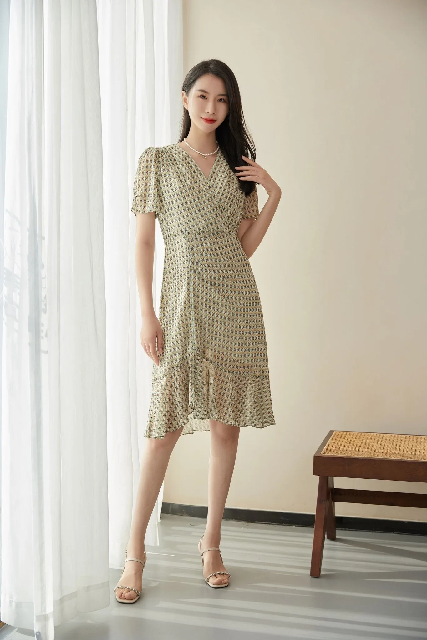 Khaki Grey V-Neck Waist Mermaid Dress