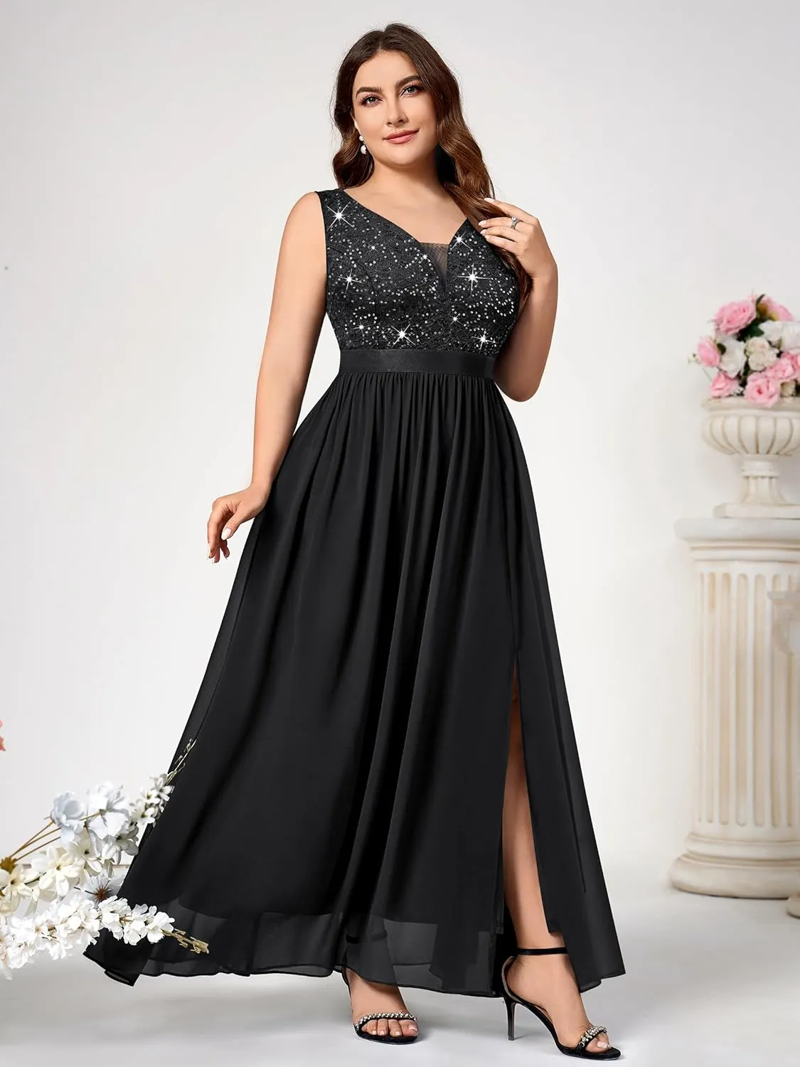 Knitee Women's Plus Size Sequin Lace Deep V-Neck Sleeveless Slit Formal Evening Maxi Dresses