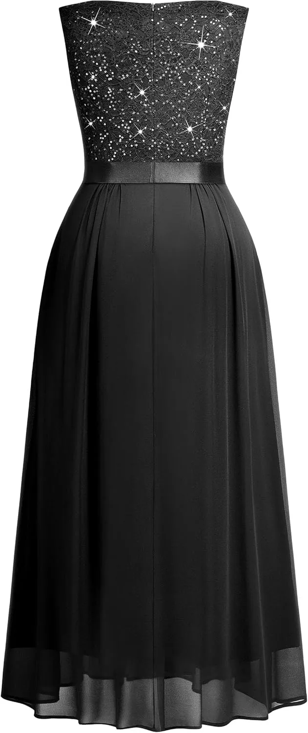 Knitee Women's Plus Size Sequin Lace Deep V-Neck Sleeveless Slit Formal Evening Maxi Dresses