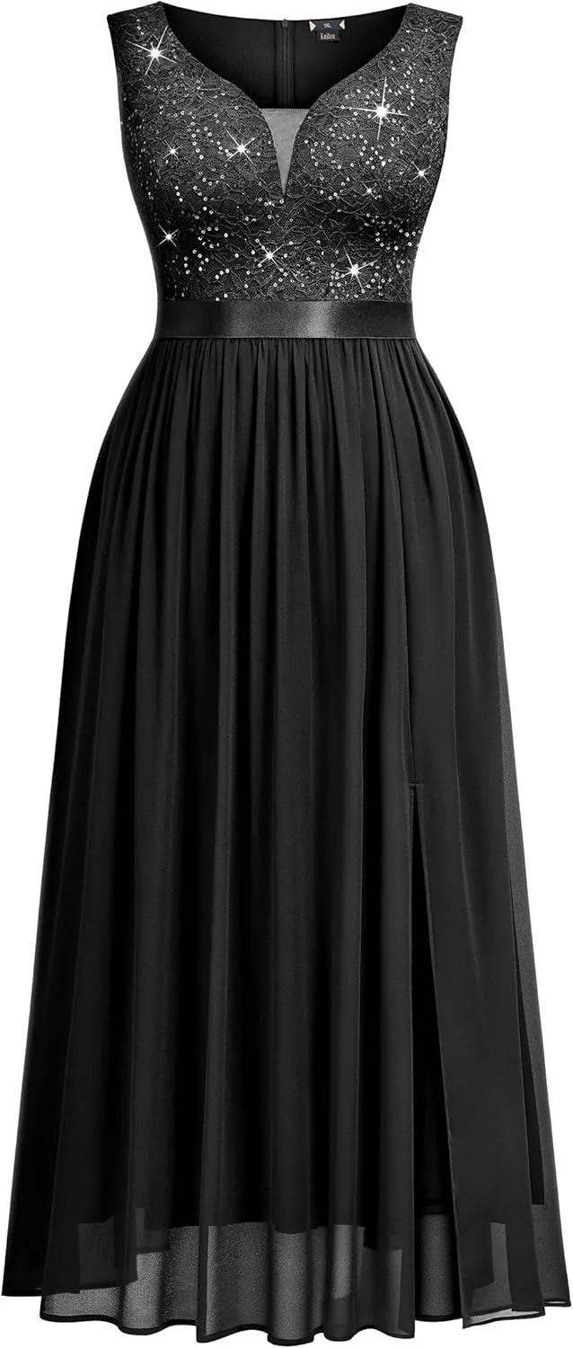 Knitee Women's Plus Size Sequin Lace Deep V-Neck Sleeveless Slit Formal Evening Maxi Dresses
