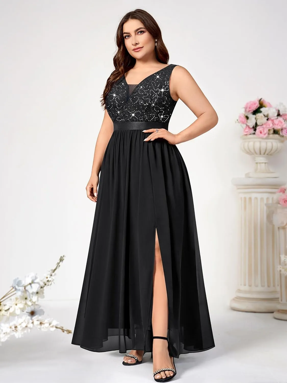 Knitee Women's Plus Size Sequin Lace Deep V-Neck Sleeveless Slit Formal Evening Maxi Dresses