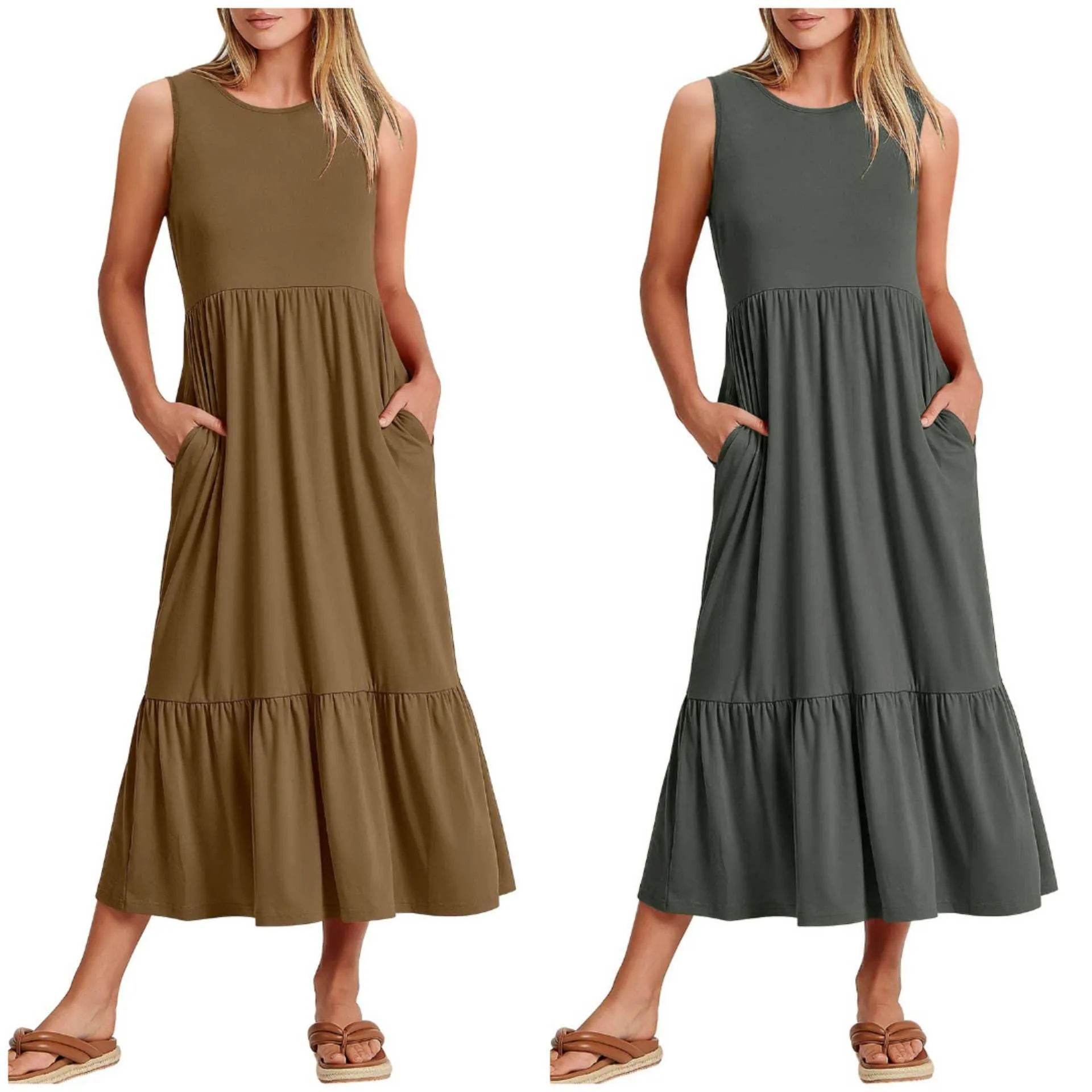 Ladies Sleeveles Pockets Simple Midi Dress 9123