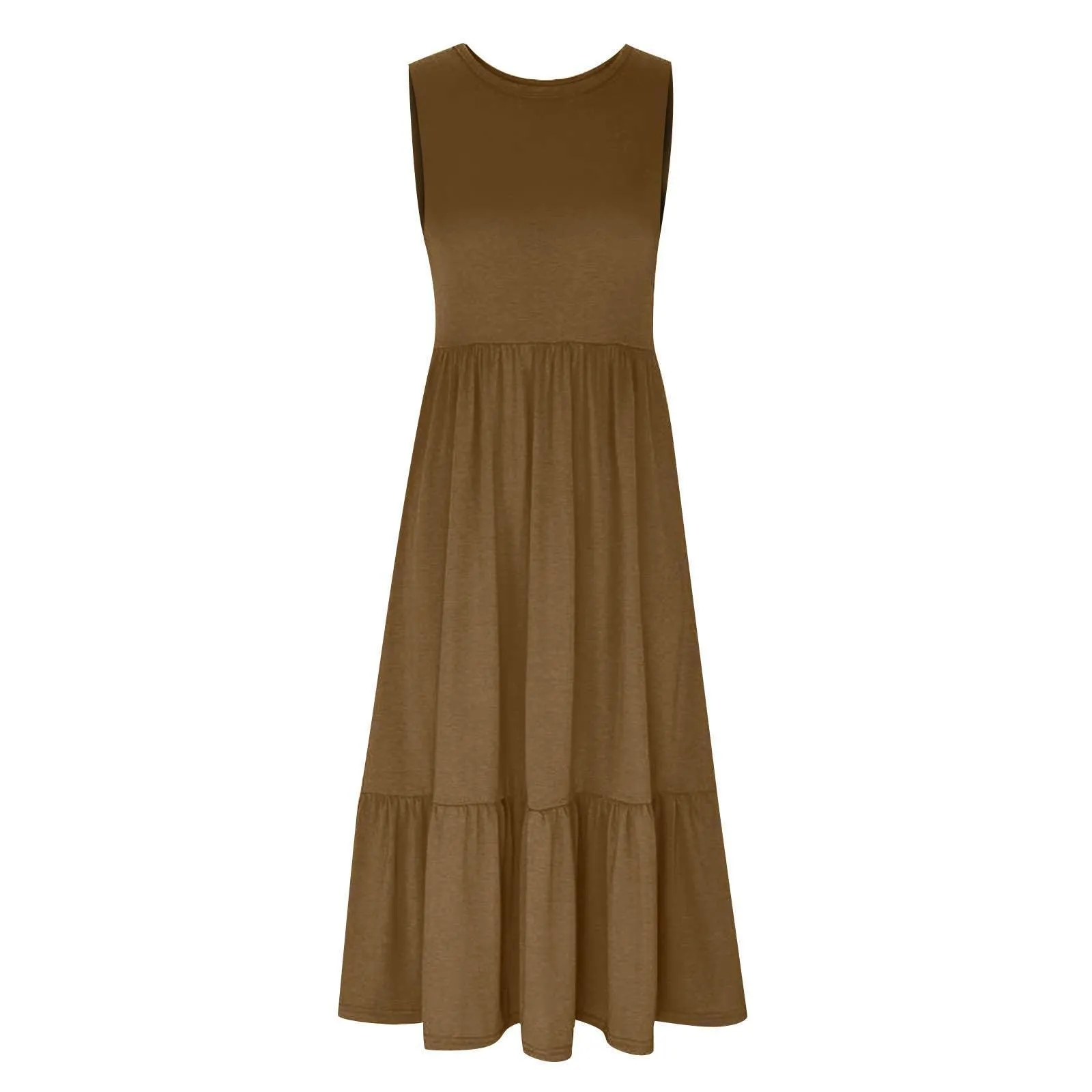 Ladies Sleeveles Pockets Simple Midi Dress 9123