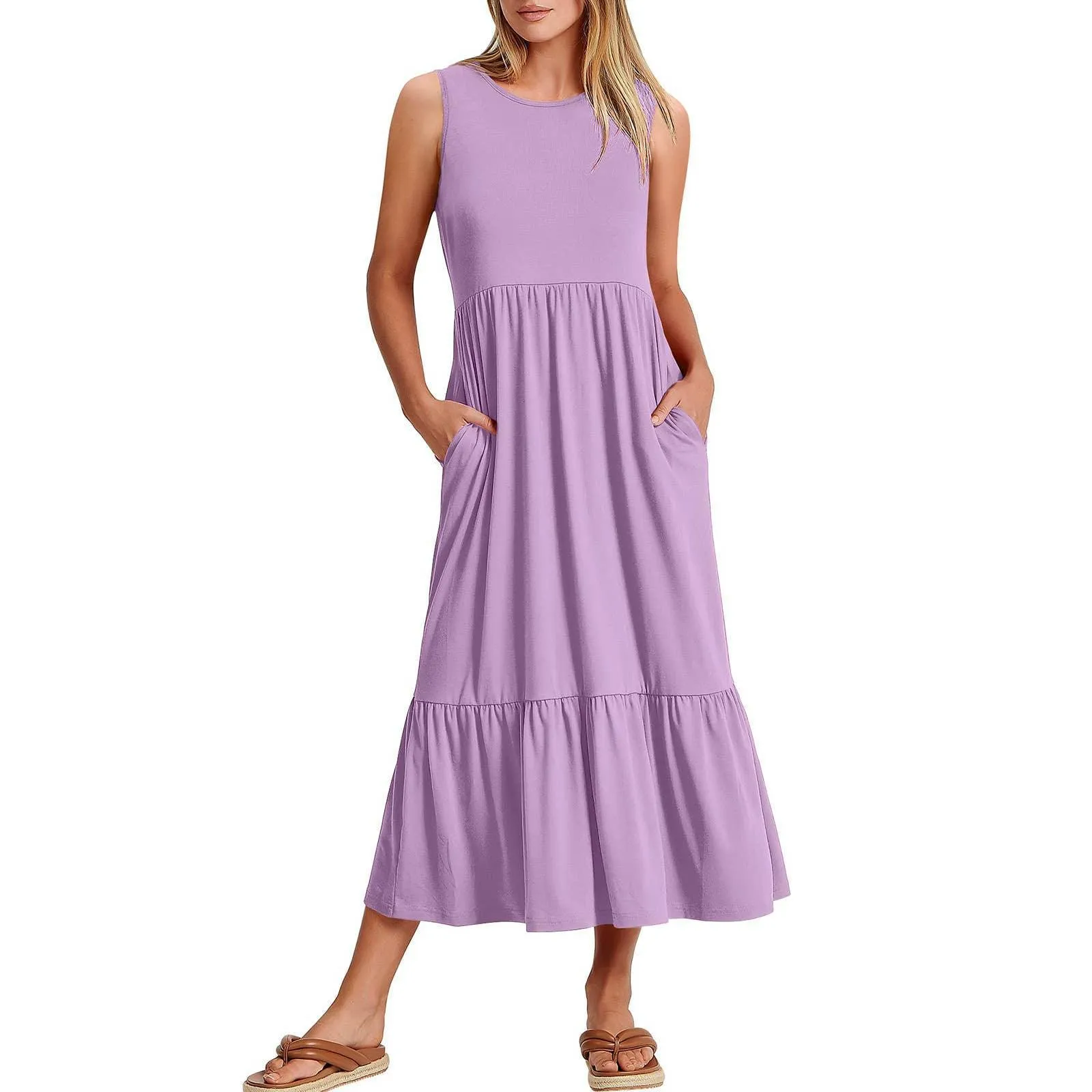 Ladies Sleeveles Pockets Simple Midi Dress 9123