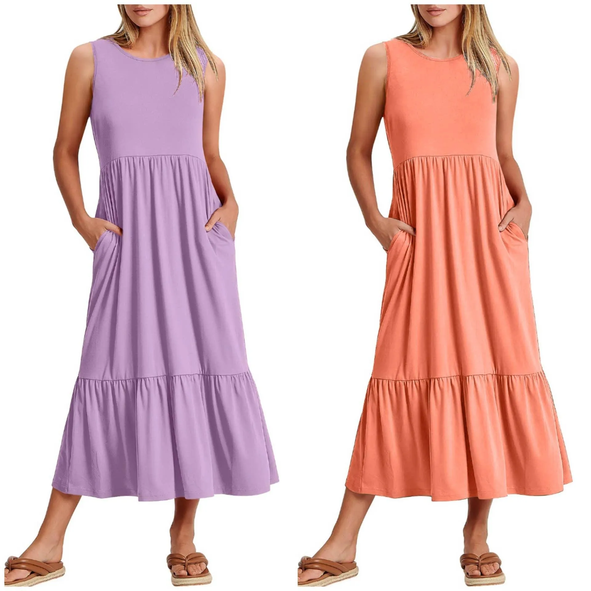 Ladies Sleeveles Pockets Simple Midi Dress 9123