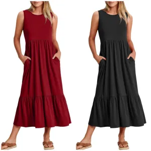 Ladies Sleeveles Pockets Simple Midi Dress 9123