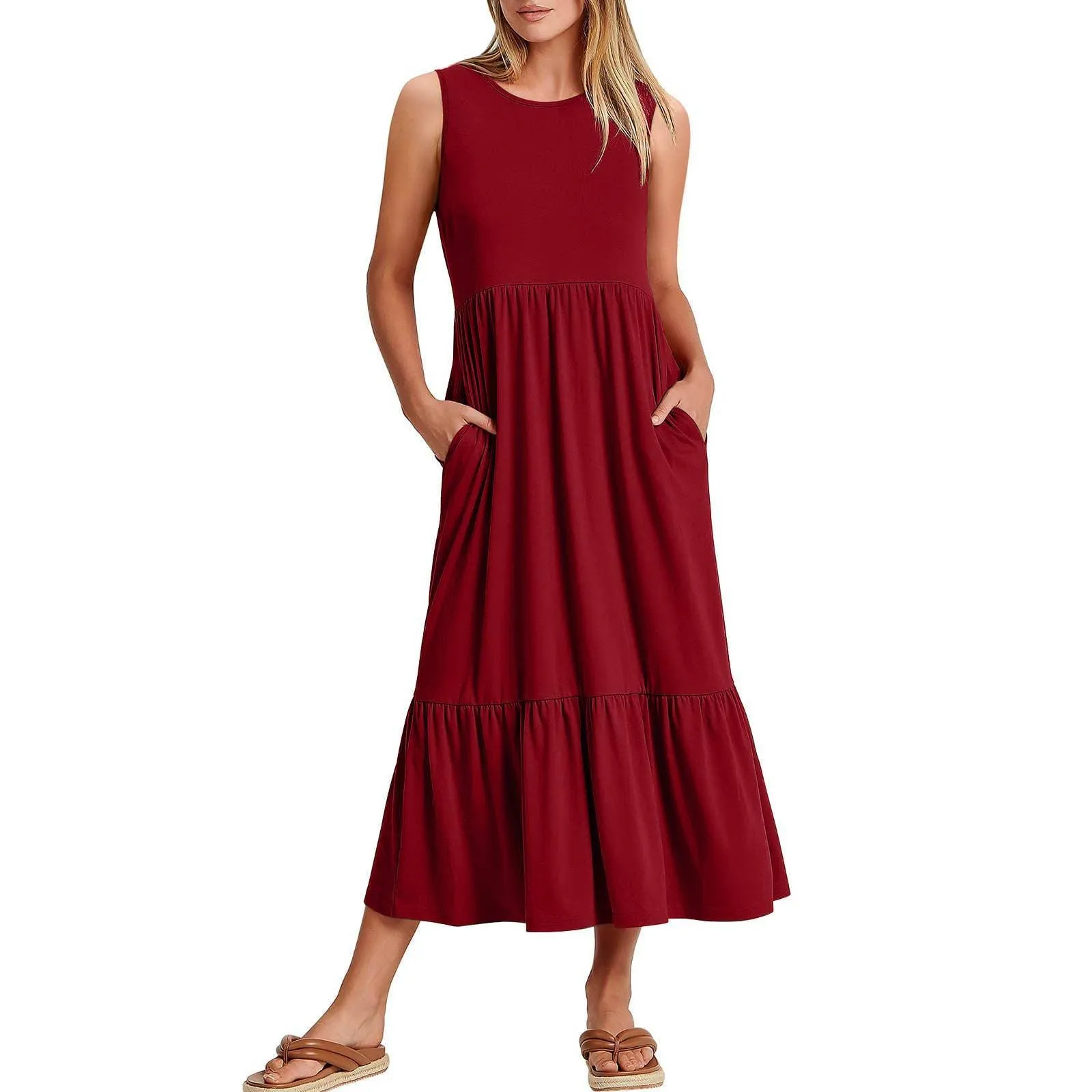 Ladies Sleeveles Pockets Simple Midi Dress 9123