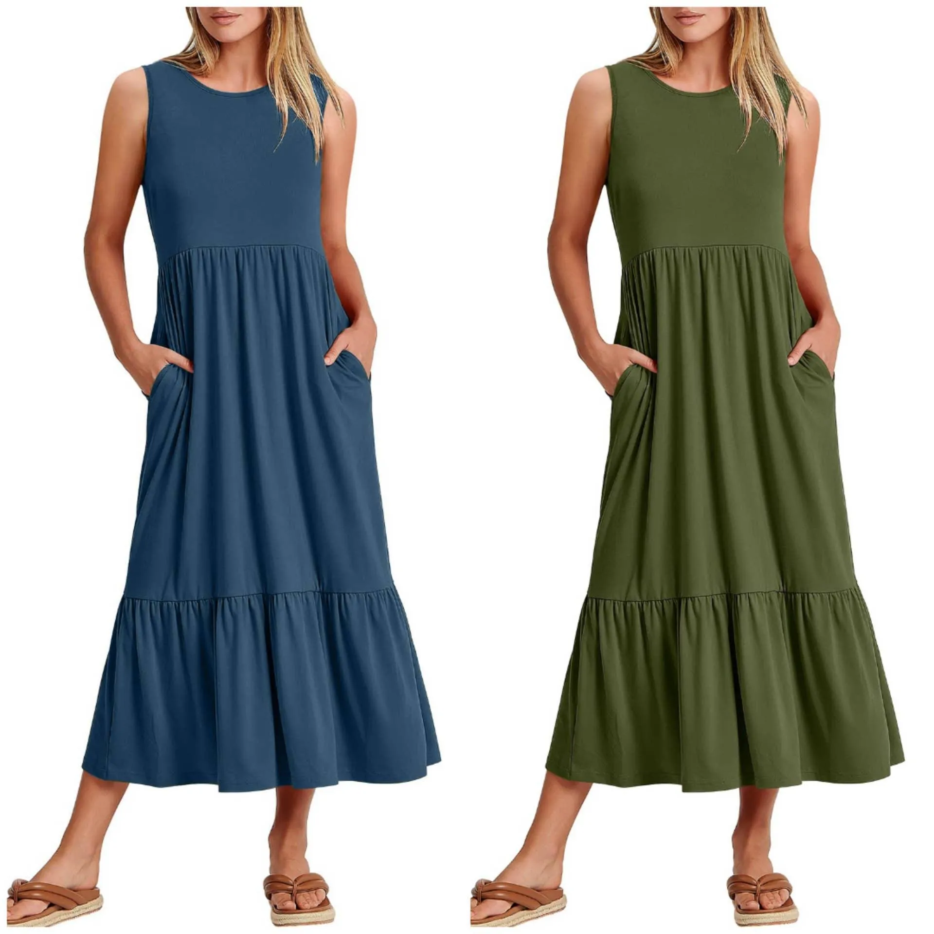 Ladies Sleeveles Pockets Simple Midi Dress 9123