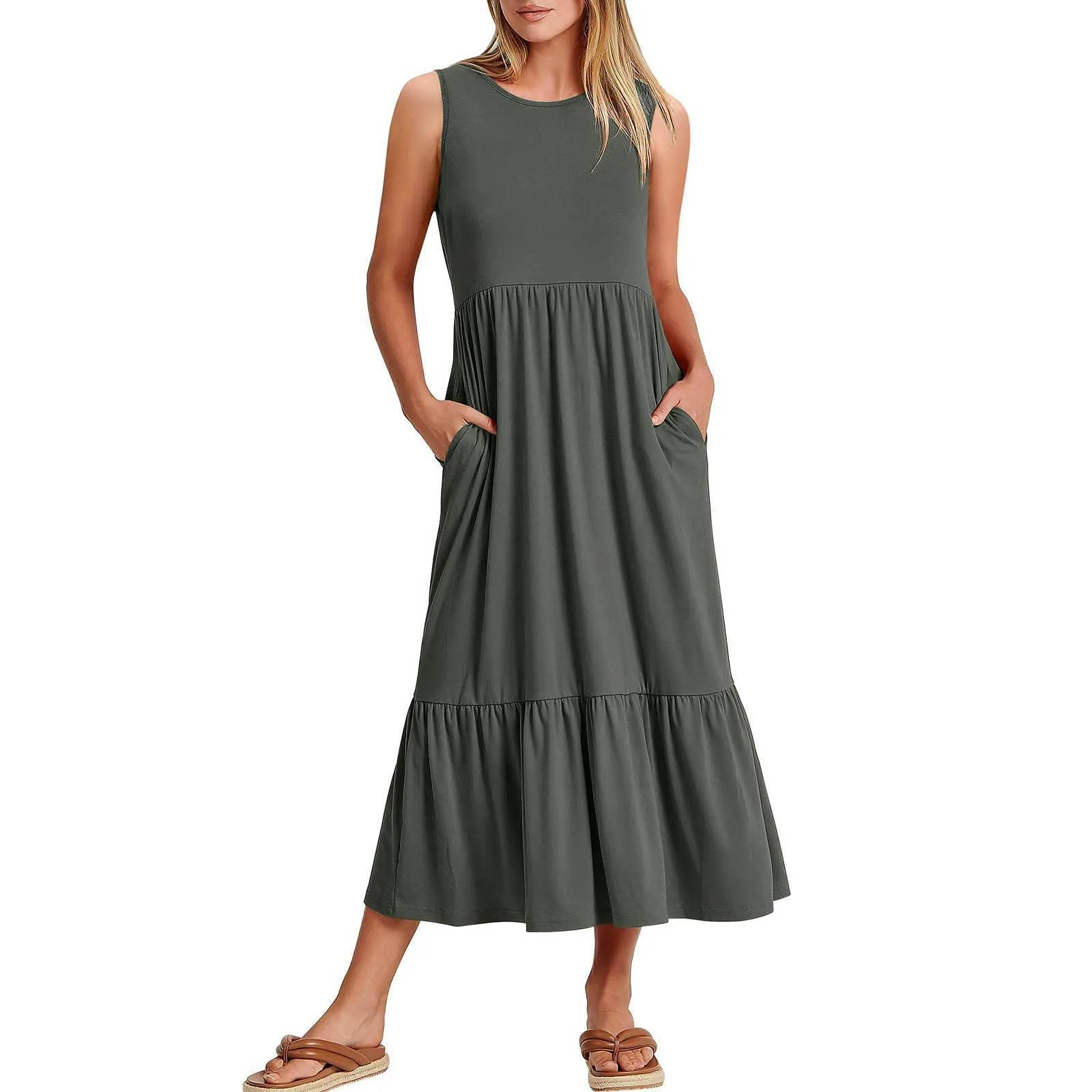 Ladies Sleeveles Pockets Simple Midi Dress 9123