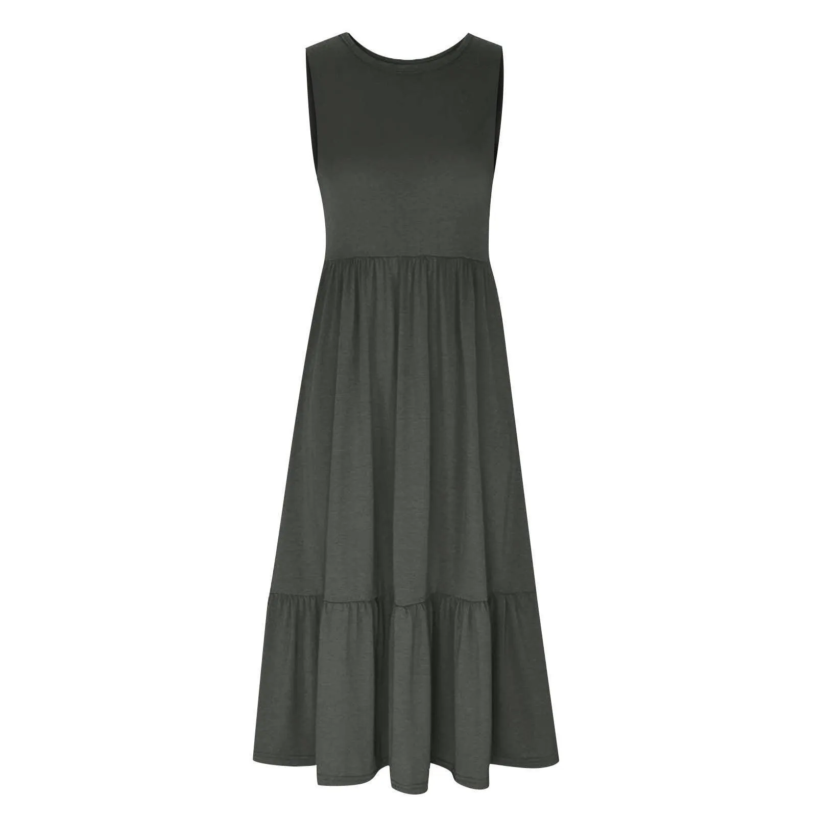 Ladies Sleeveles Pockets Simple Midi Dress 9123