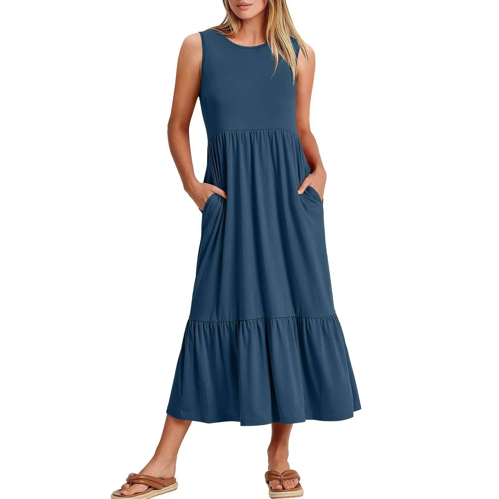 Ladies Sleeveles Pockets Simple Midi Dress 9123