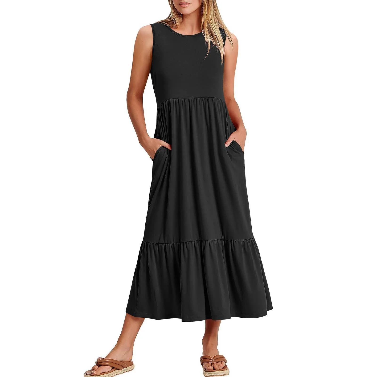 Ladies Sleeveles Pockets Simple Midi Dress 9123