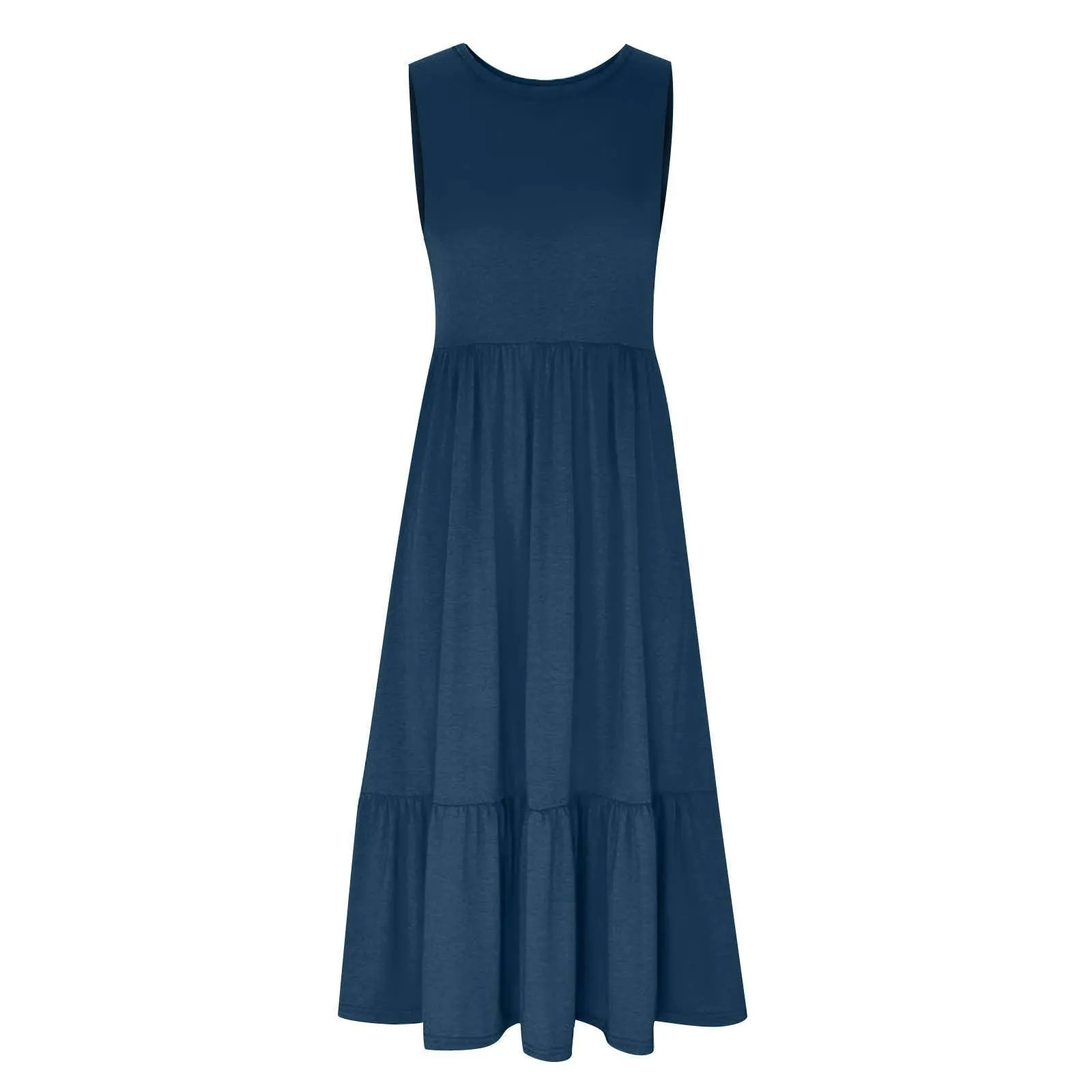 Ladies Sleeveles Pockets Simple Midi Dress 9123