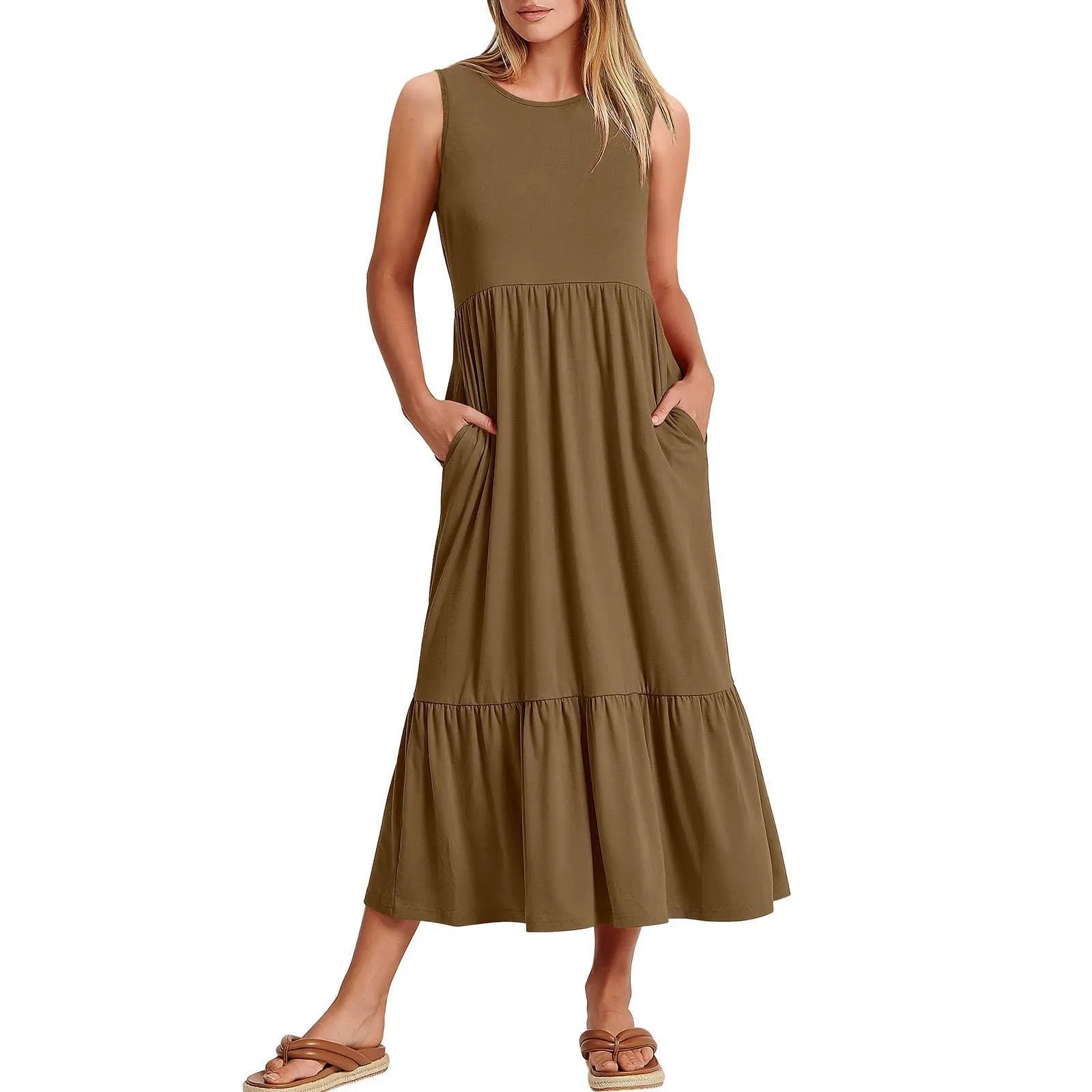Ladies Sleeveles Pockets Simple Midi Dress 9123