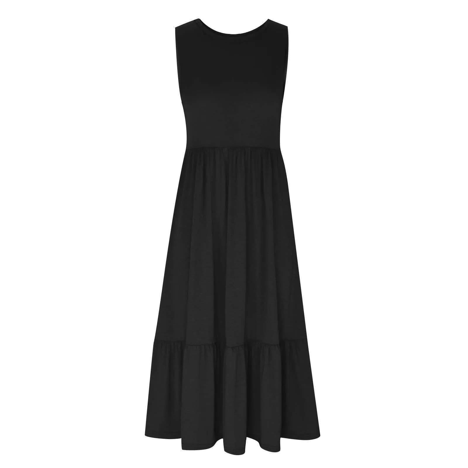 Ladies Sleeveles Pockets Simple Midi Dress 9123