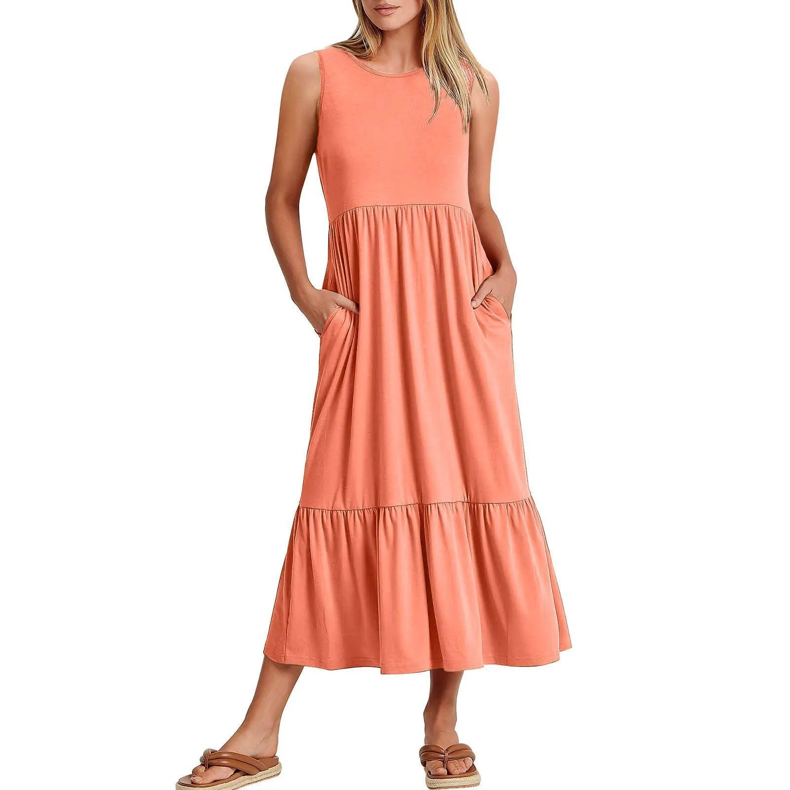 Ladies Sleeveles Pockets Simple Midi Dress 9123