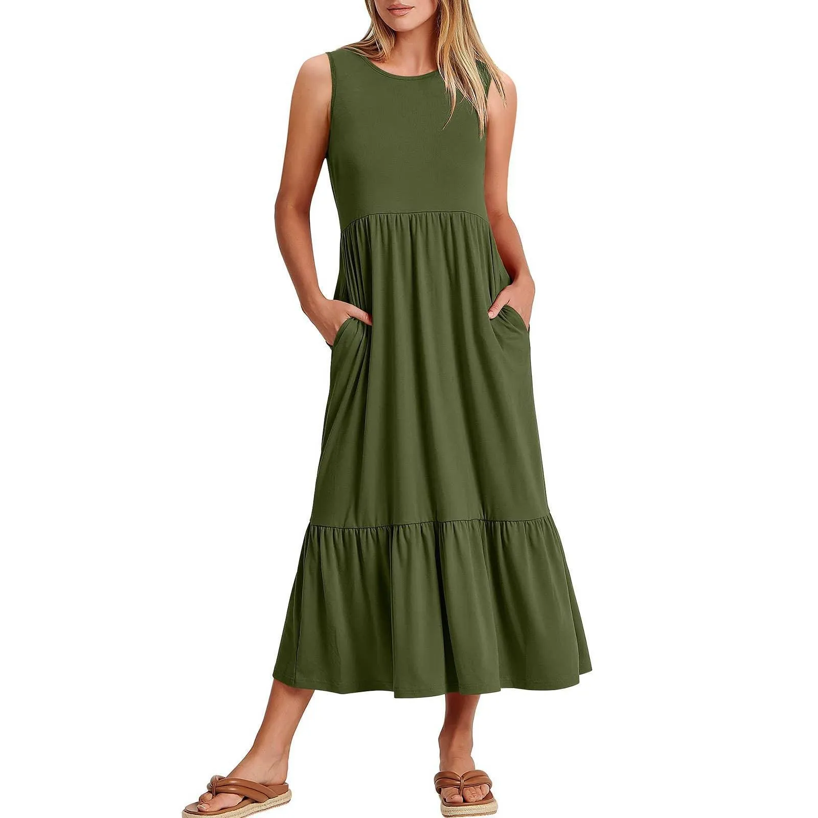 Ladies Sleeveles Pockets Simple Midi Dress 9123