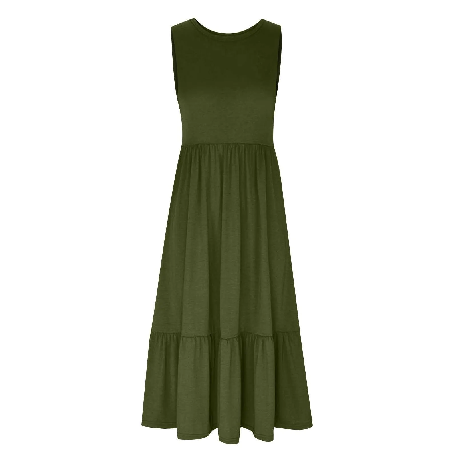 Ladies Sleeveles Pockets Simple Midi Dress 9123